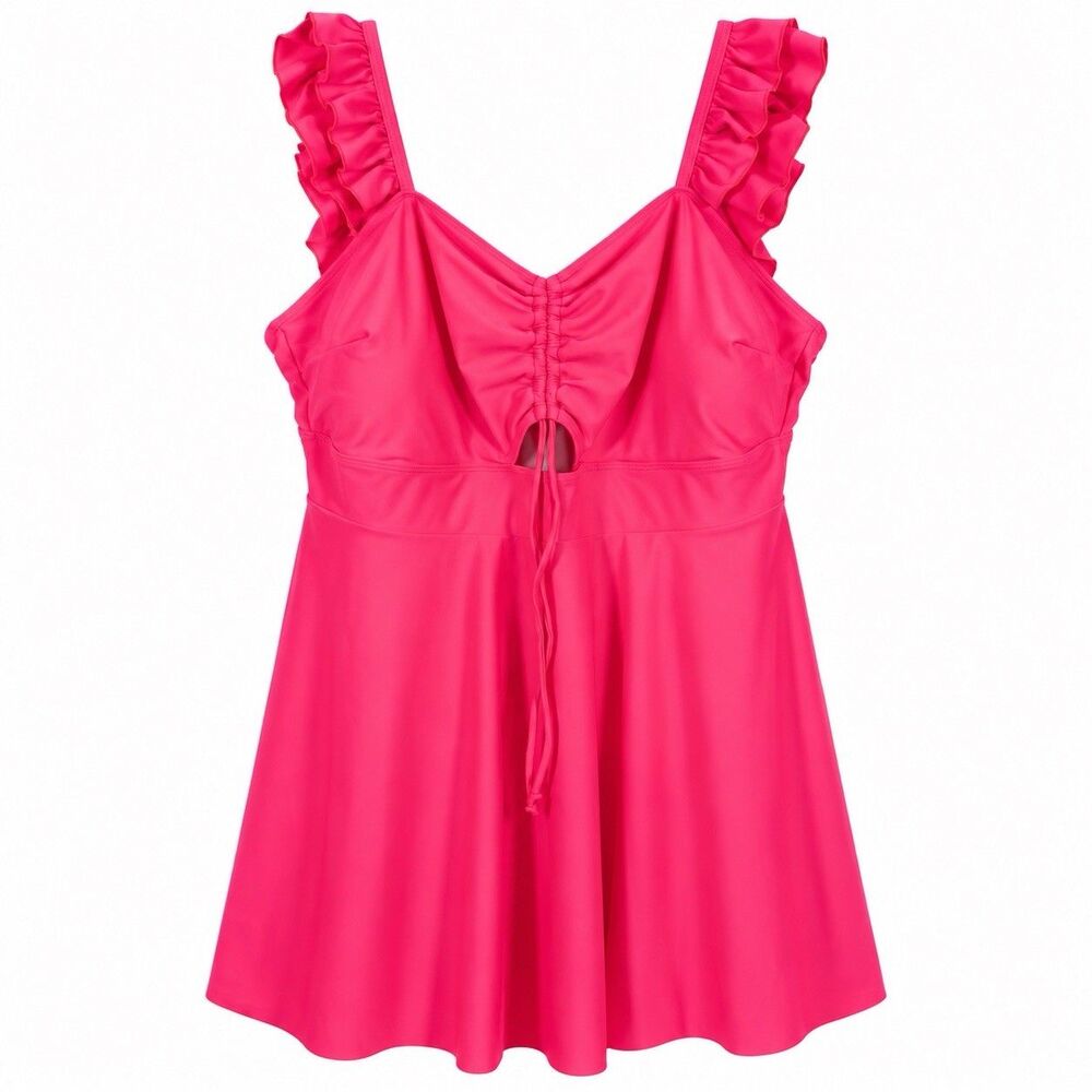 Womens Swimdress Plus Size 4XL Hot Pink Swimsuit Ruffle Ruched Keyhole Resort